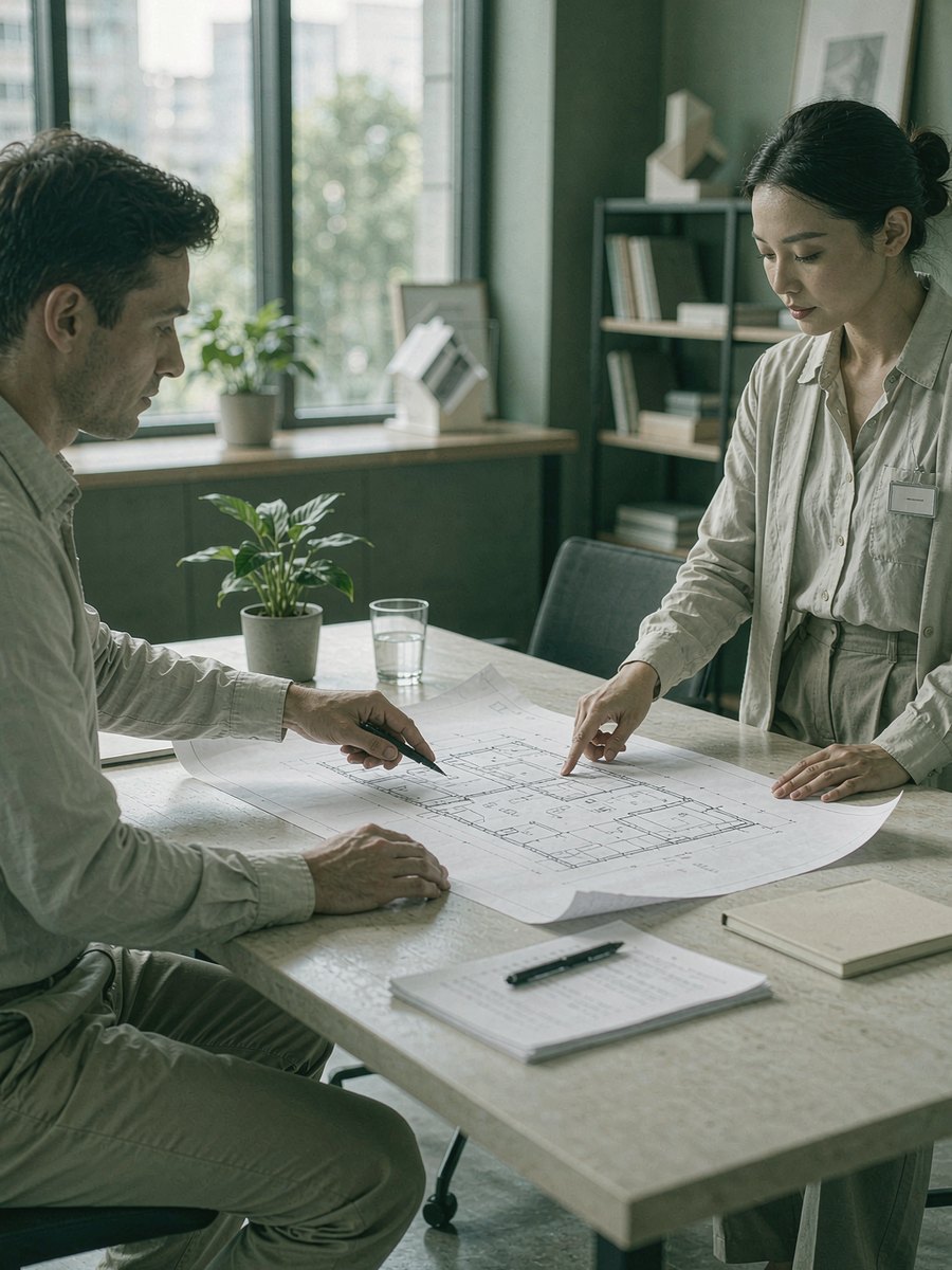 Two consultants reviewing a property floor plan during a consultation